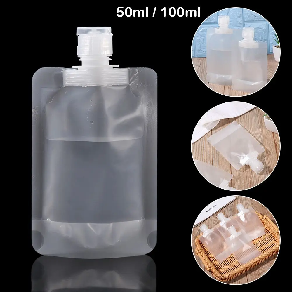 

50ml/100ml Convenient One time Travel Leakproof Shampoo Bale Spout Bag Hand Sanitizer Bag Liquid Stand Pouch Transparent Storage