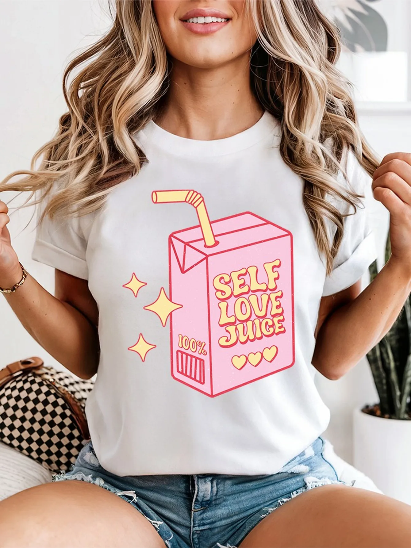 Cute Self Love Juice Box Heart Star Positive Slogan Art Print Graphic Ladies T Shirt Short Sleeve Crew Neck Casual Tee Tops