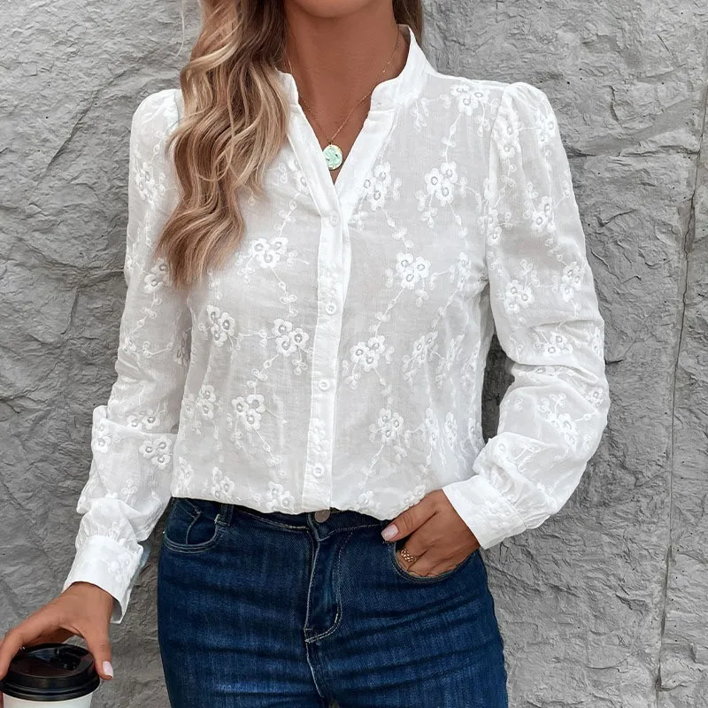 

Women's Long Sleeve White Jacquard Blouse with Floral Embroidery Sheer Fabric Stand Collar Puffed Sleeve Button Up Elegant Top