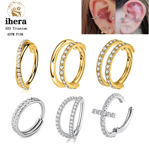 G23 Titanium Nose Ring Clicker Ear Cartilage Tragus Helix Daith Round Earrings Hoops CZ 16G Hinged Segment Body Piercing Jewelry