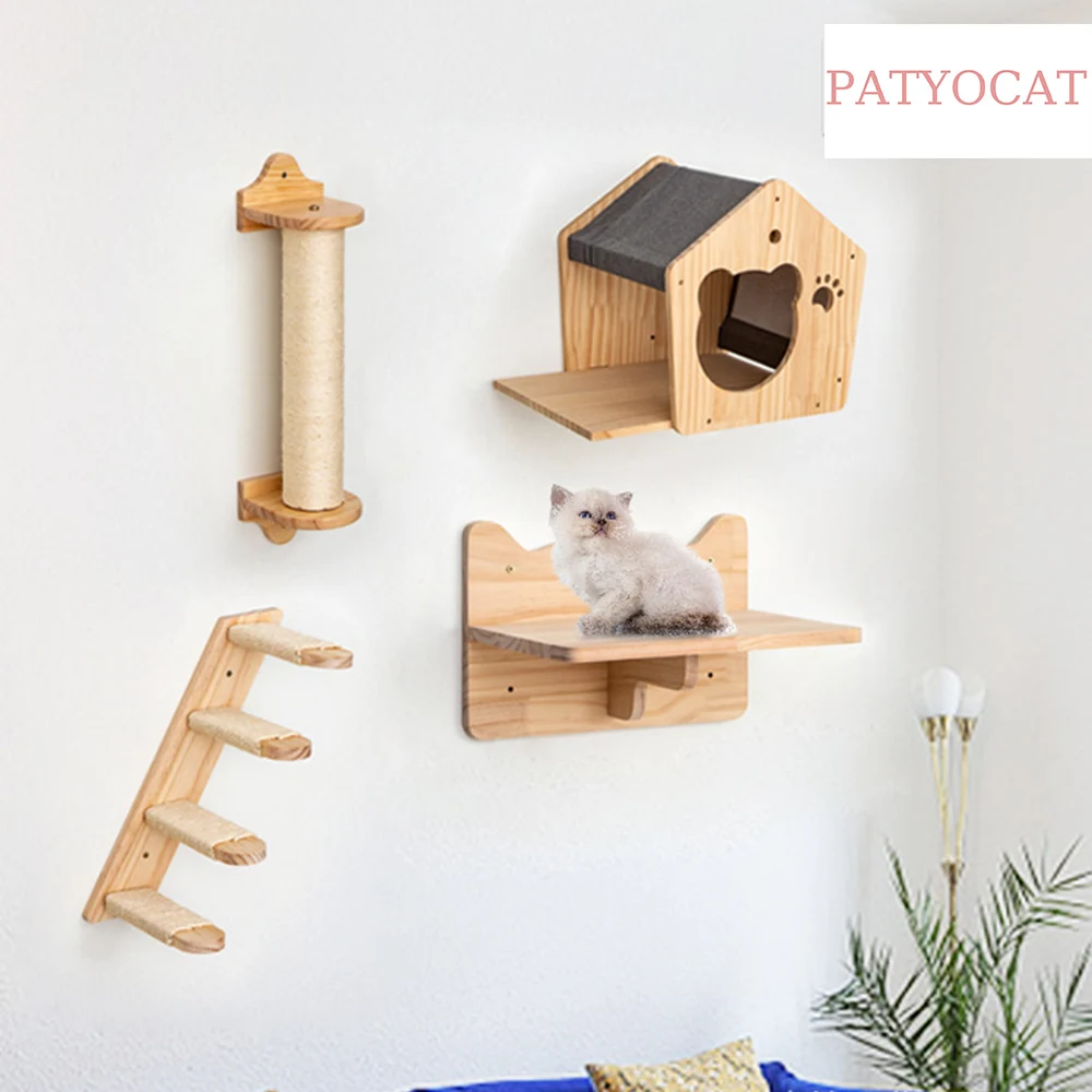 Cat Wall Shelf Wooden Cat Perch Furniture for Sleeping Cats Shelves Stair Cat Climbing Training Steps Kitten Tower Tree Hammock