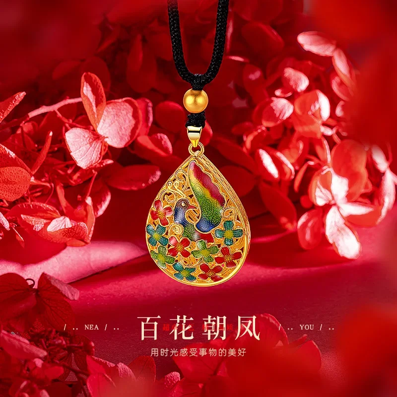 

9999 Real Gold 24K Enamel Gold Flower Phoenix Pendant Ancient Chinese Style Burnt Blue Hundred Flowers Chaofeng Silk Pendant