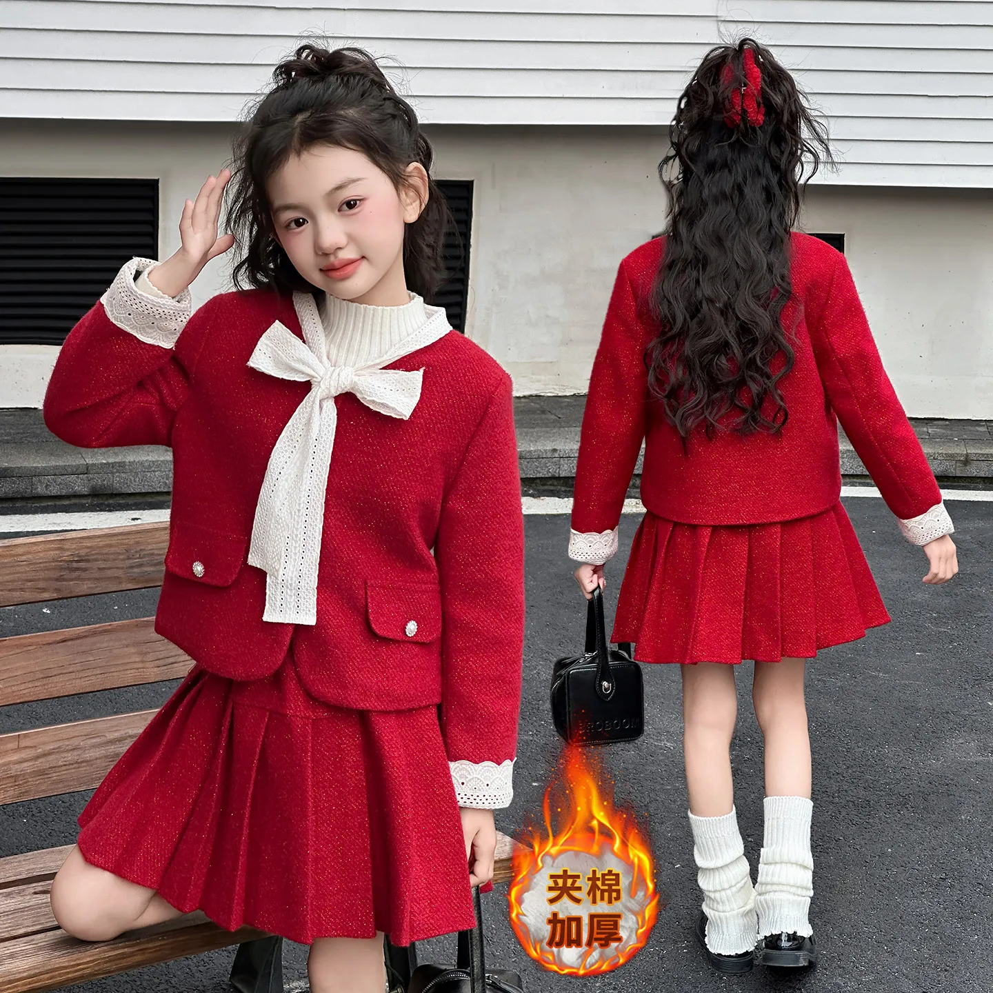 

Французский дизайн, шикарные юбки для девочек-подростков, комплект одежды, красный толстый кружевной лоскутный жакет + плиссированная юбка, костюм из 2 предметов для младшего ребенка, детская одежда