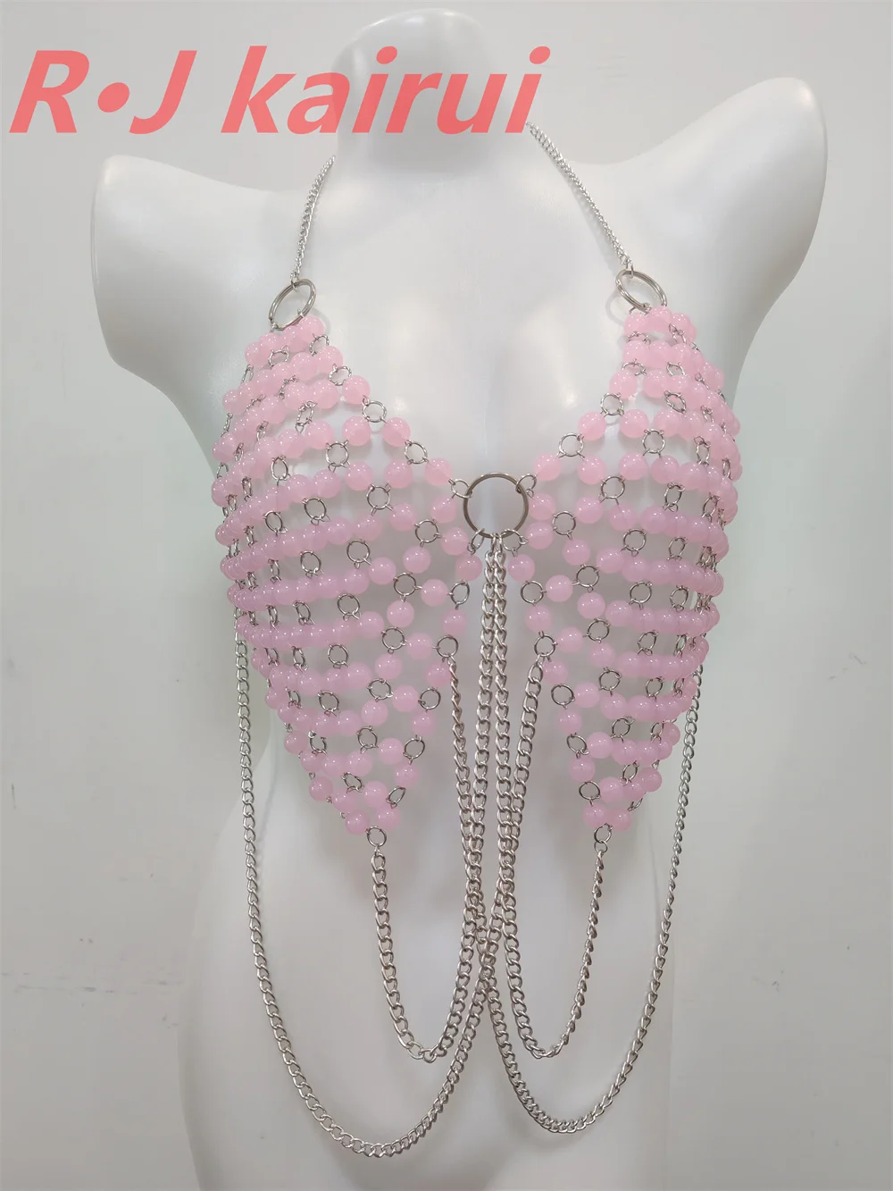 RJ New Style Women Fashion Silver Chains Pastel Candy Pink Beads Bra Body Chains Jewelry