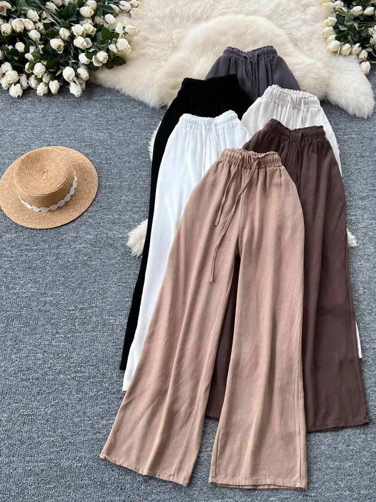 

Весна 2025: Женские повседневные брюки с высокой талией, широкими штанинами, эластичным поясом, прямые, тонкие, стройнящие, для офиса, в корейском стиле