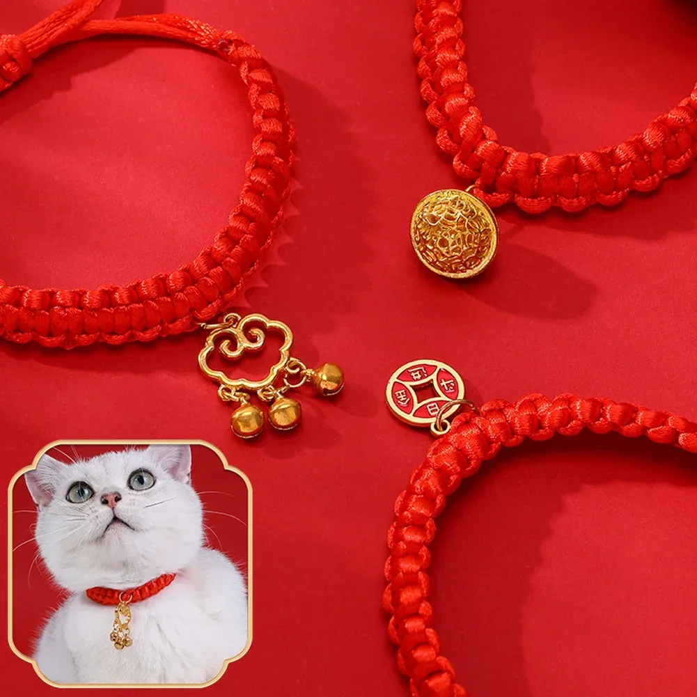 Collar de moda para mascotas, Collar ajustable de Año Nuevo, cuerda Roja china tradicional, bufanda tejida a mano para gatos