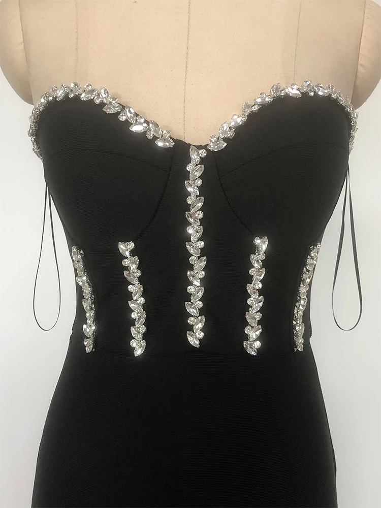 Robe Corset noire élégante avec jupe en maille transparente, robe de soirée perlée sans bretelles pour femmes, sans manches, dos nu, robes transparentes