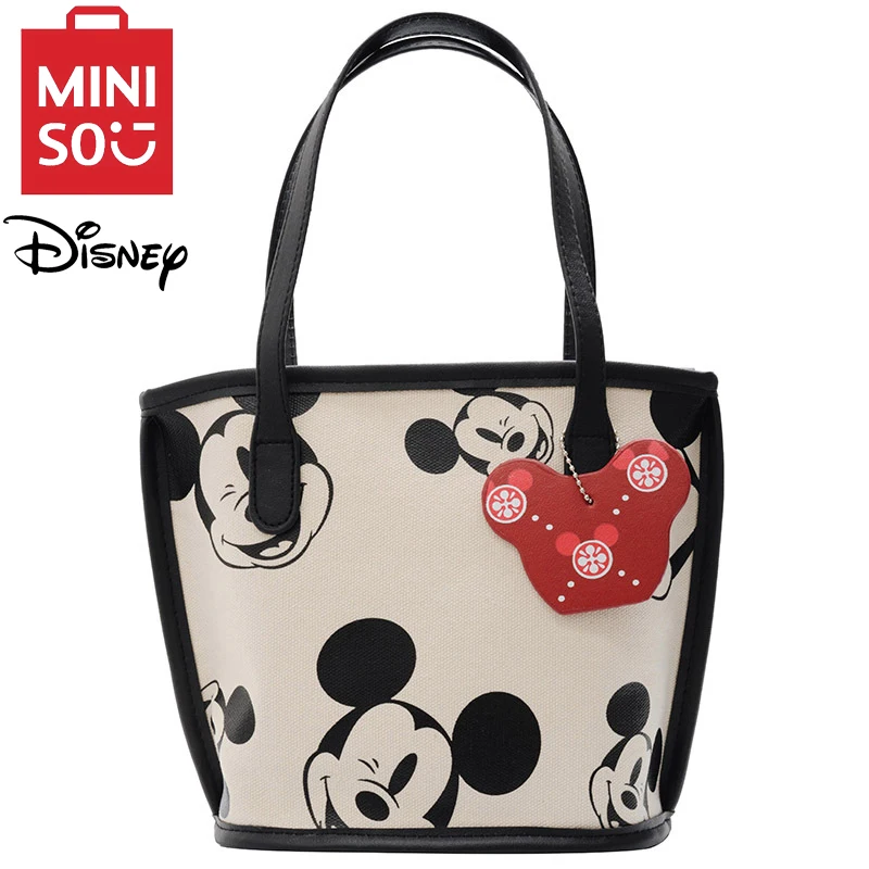 MINISO Disney Cute Print Mickey Canvas Bag Cartoon Fashion Casual Mini Handbag Shoulder Bag Water Bucket Bag