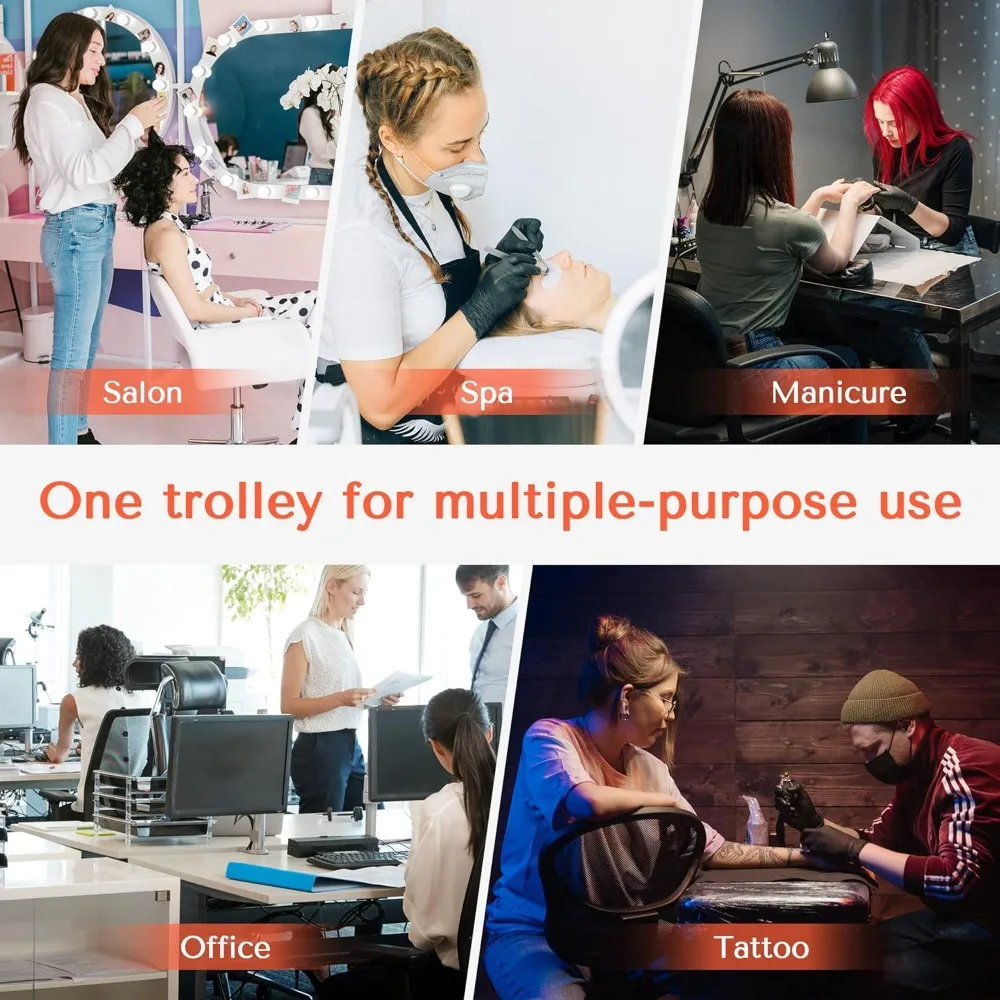 عربة ترولي صالون مع قفل، 6 صواني قابلة للقفل + 2 حامل، عربة تخزين دوارة لصالون الشعر، التجميل، محطة الحلاقة