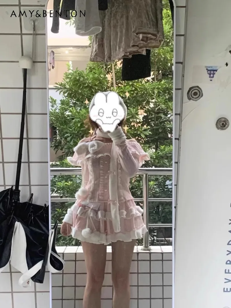

2025 New Spring and Autumn Sweet and Cute Pink Bow Top Pure Want To Show Thin Skirt Two-piece Suit For Women