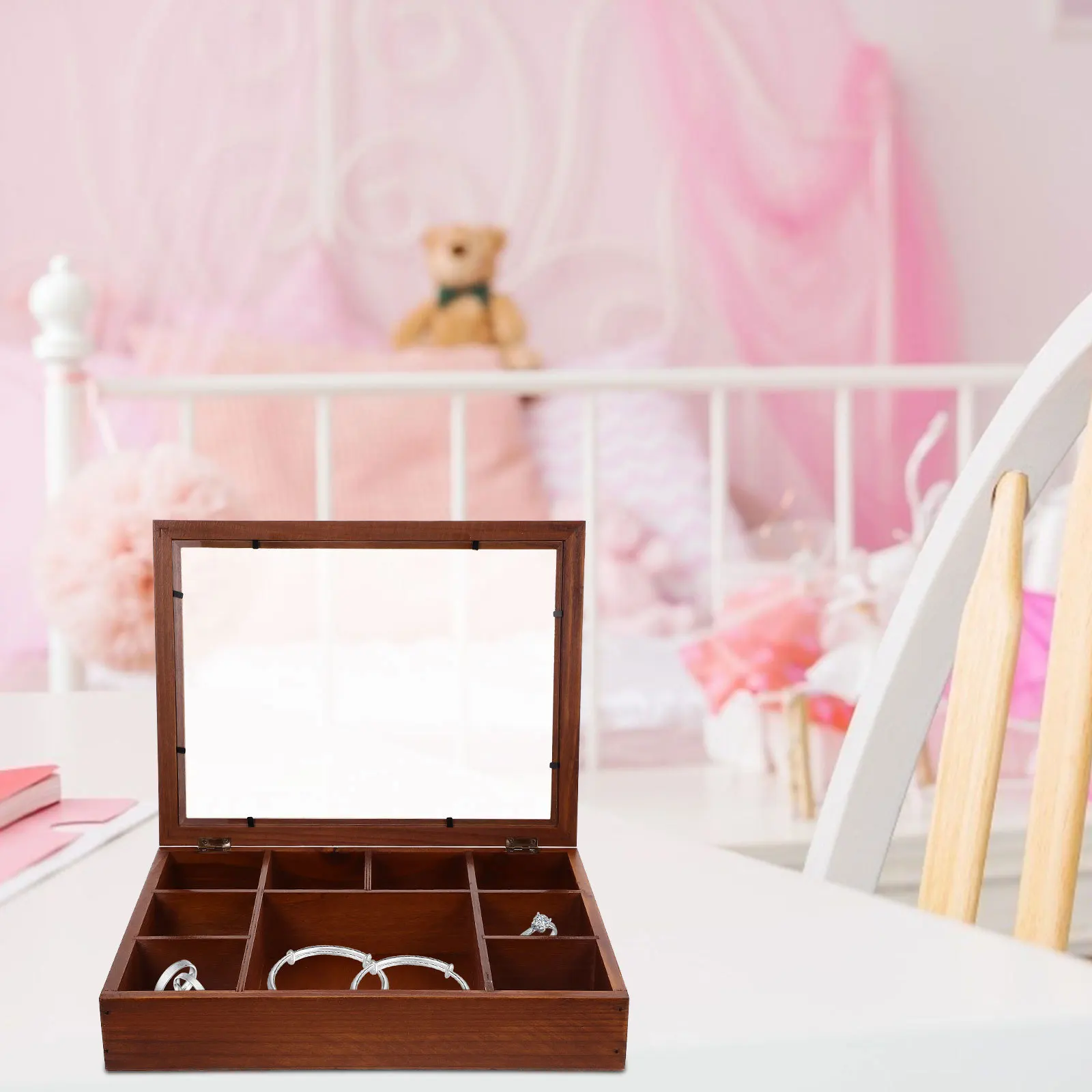 

Wooden Jewelry Storage Box Retro Design Clear Top Multi-Compartment Organizer for Gemstones Crystals Rock Collections