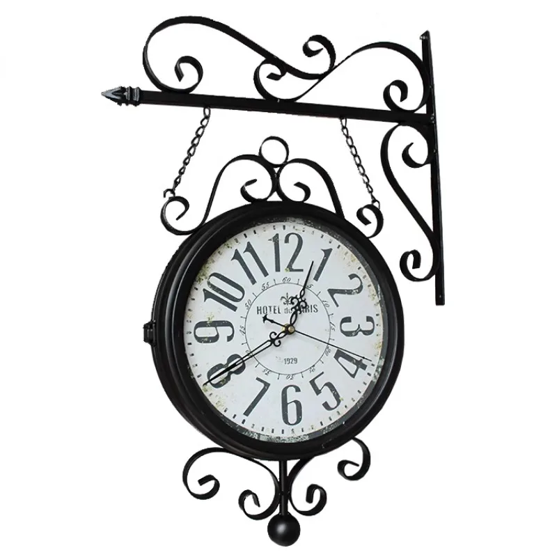 

Classic midpoint retro wrought iron clock, silent European double-sided clock, American country wall clock, living room wall clo
