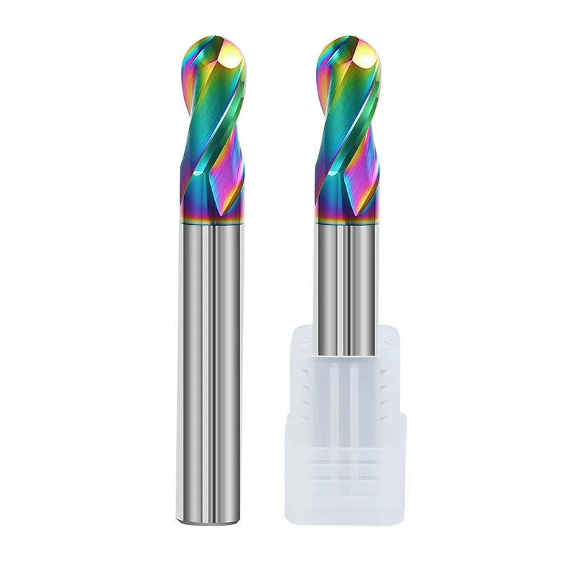 65° Extended Length Ball Nose End Mill - Rainbow Alloy Coated 2-Flute CNC Spherical Milling Cutter