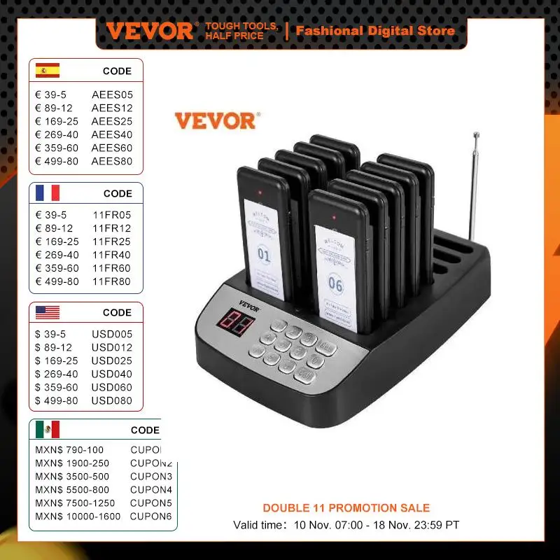 VEVOR Restaurant Pager Calling Paging System 10 Coaster Receiver Restaurants Church Nurse Clinic Queue System Wireless Pagers