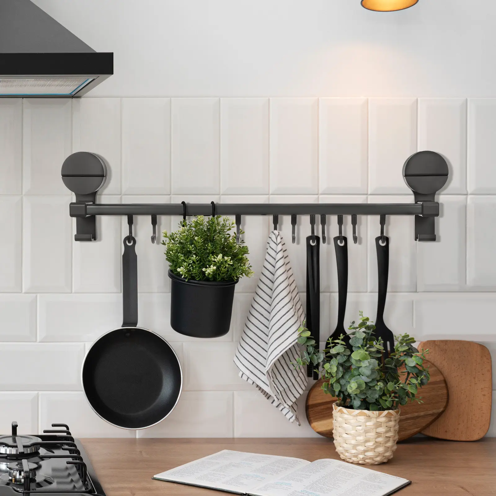 

10 Hook Kitchen Wall Hanger Suction Cup Sliding Rail Utensil Rack No Drill Installation for Spoons Spatulas Towels Tools
