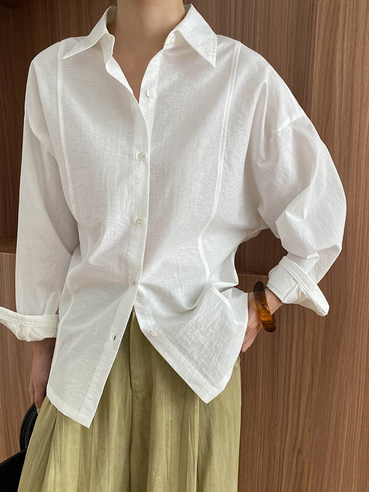 [EAM] Women White Back Button Big Size Elegant Blouse New Lapel Long Sleeve Shirt Fashion Tide Spring Autumn 2024  1DH7139