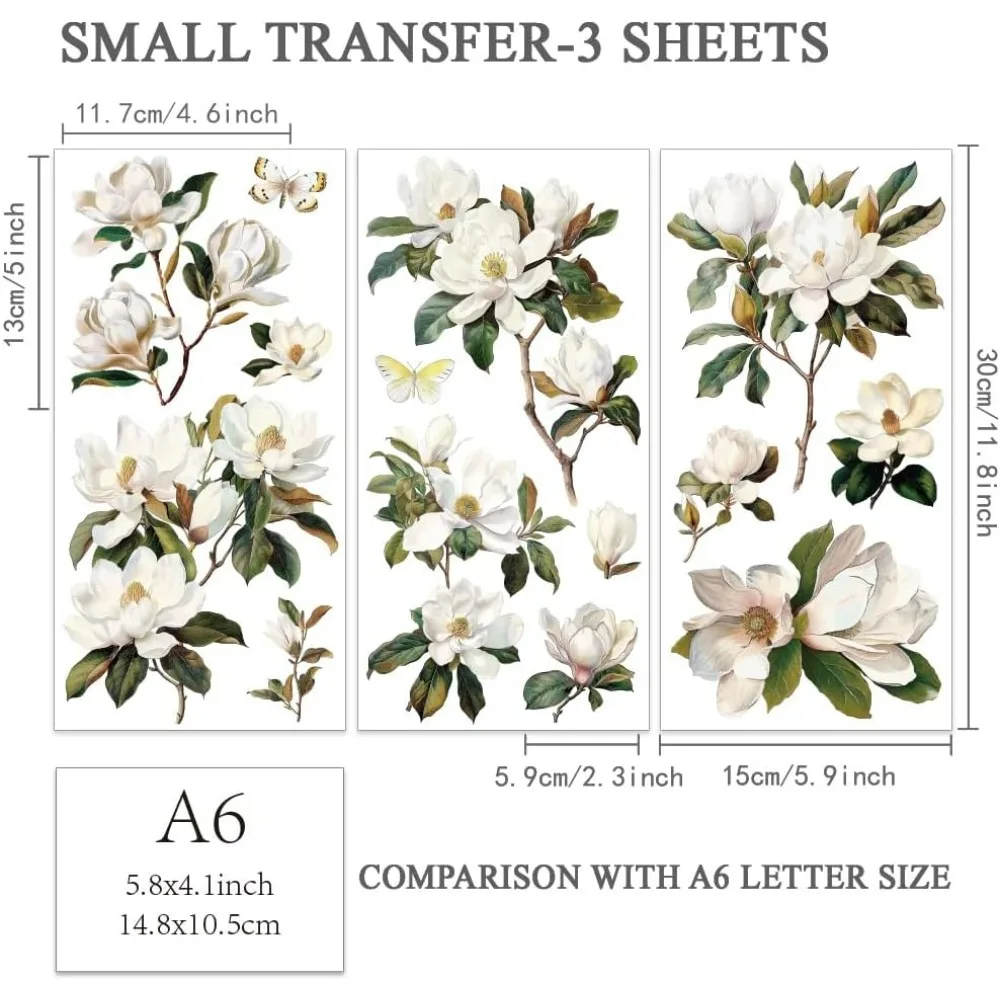 3pcs/Set White Magnolia Rub on Transfers for Crafts and Furniture 6x12 inch Flower Decor Transfer Stickers Vintage Floral