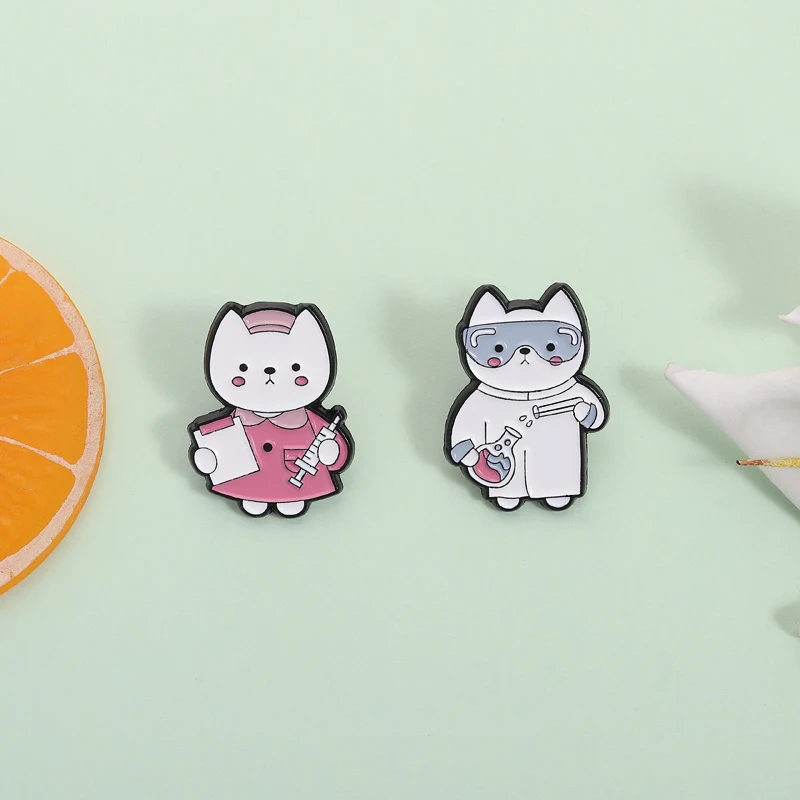 Cute Laboratory Nurse Cat Enamel Pins Badge Cartoon Lab Chemical Scientist Kitten Brooches Jacket Lapel Badge Jewelry Accessory