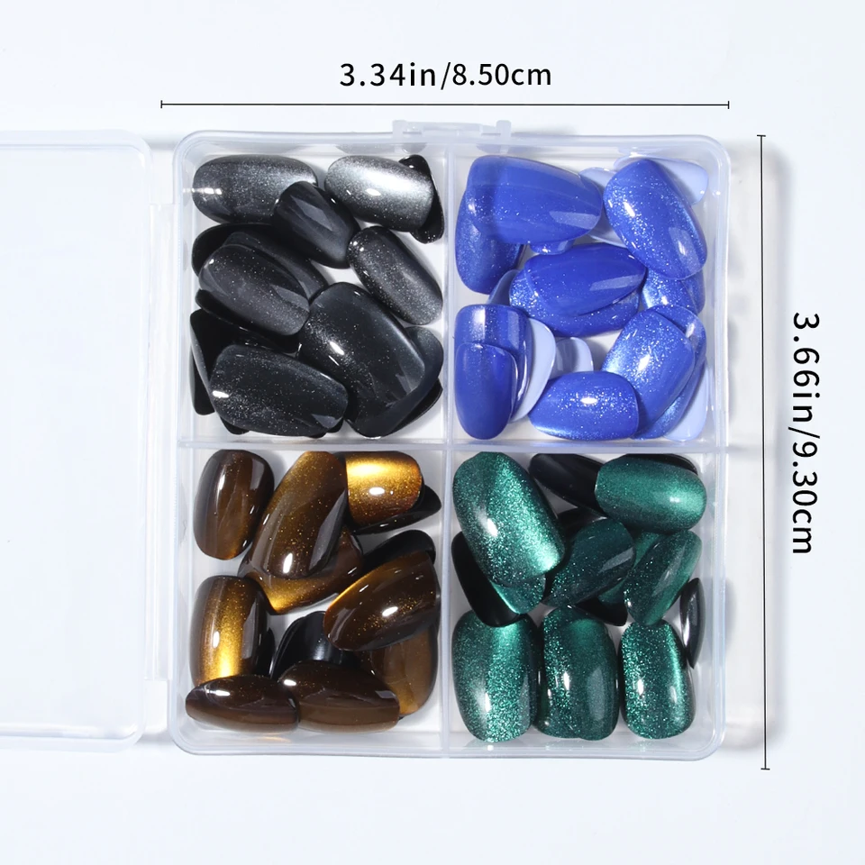 96 piezas (4 estilos) de uñas postizas cortas ovaladas en azul, verde y gris, efecto ojo de gato cristal, estilo Y2K 4