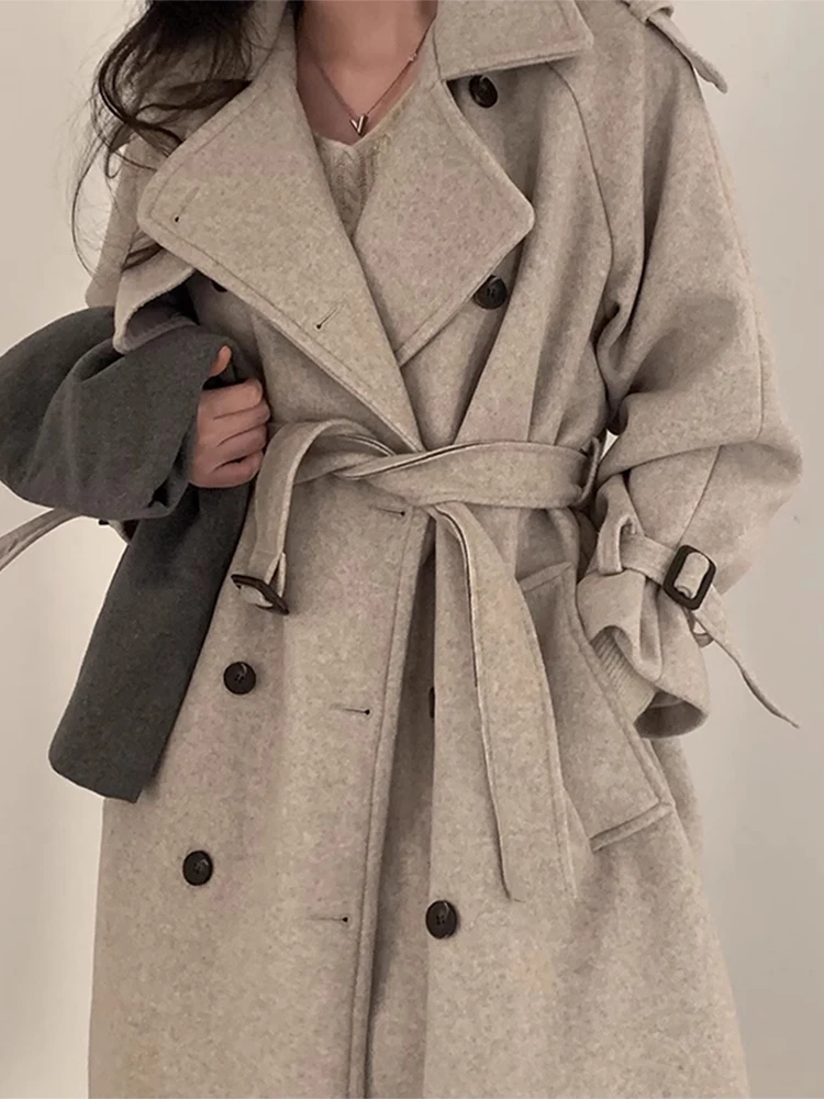 

Chic Autumn Winter Vintage Double Breasted Belted Slimming Knee Length Woolen Coat Women's Long Coat Korean Sle Commute