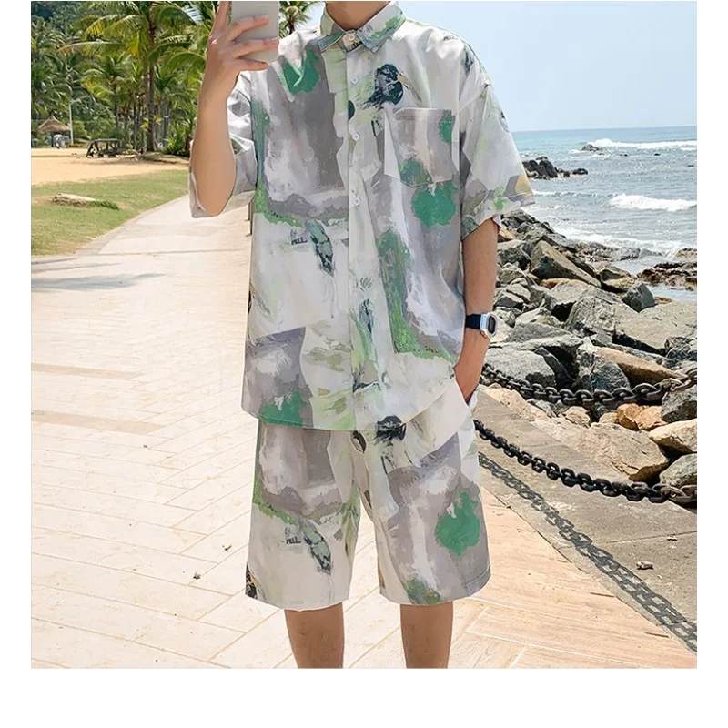

Summer Shirt Suit Men's Fashion Quick-drying Beach Shorts Two-piece Set for Home Travel Outfit Hombre Elegante Casual