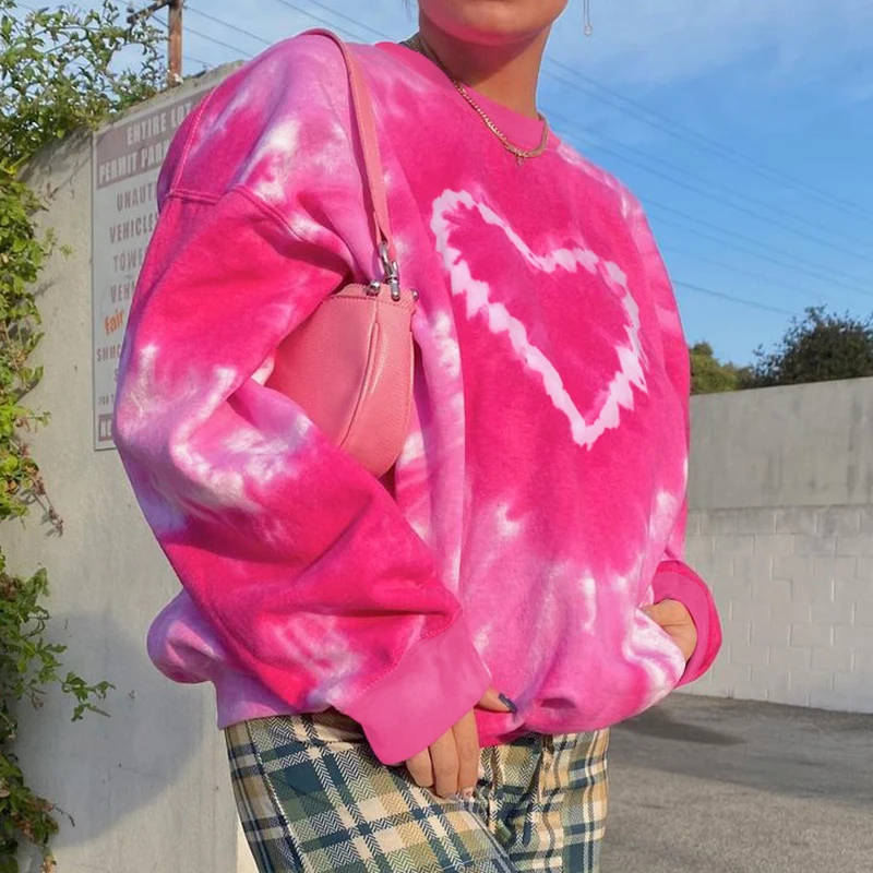 Heart Pattern Y2K Aesthetics Pink Oversized Sweatshirts Women 2022 E-Girl Tie Dye Crewneck Long Sleeve Tops Autumn Pullovers