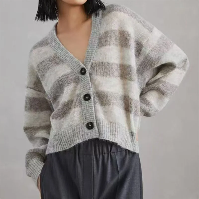 

Cardigan for women 2024 Autumn New Stripe Splicing V-neck Long sleeved Top Elastic knit slim Women's sweater Wool blend knitwear