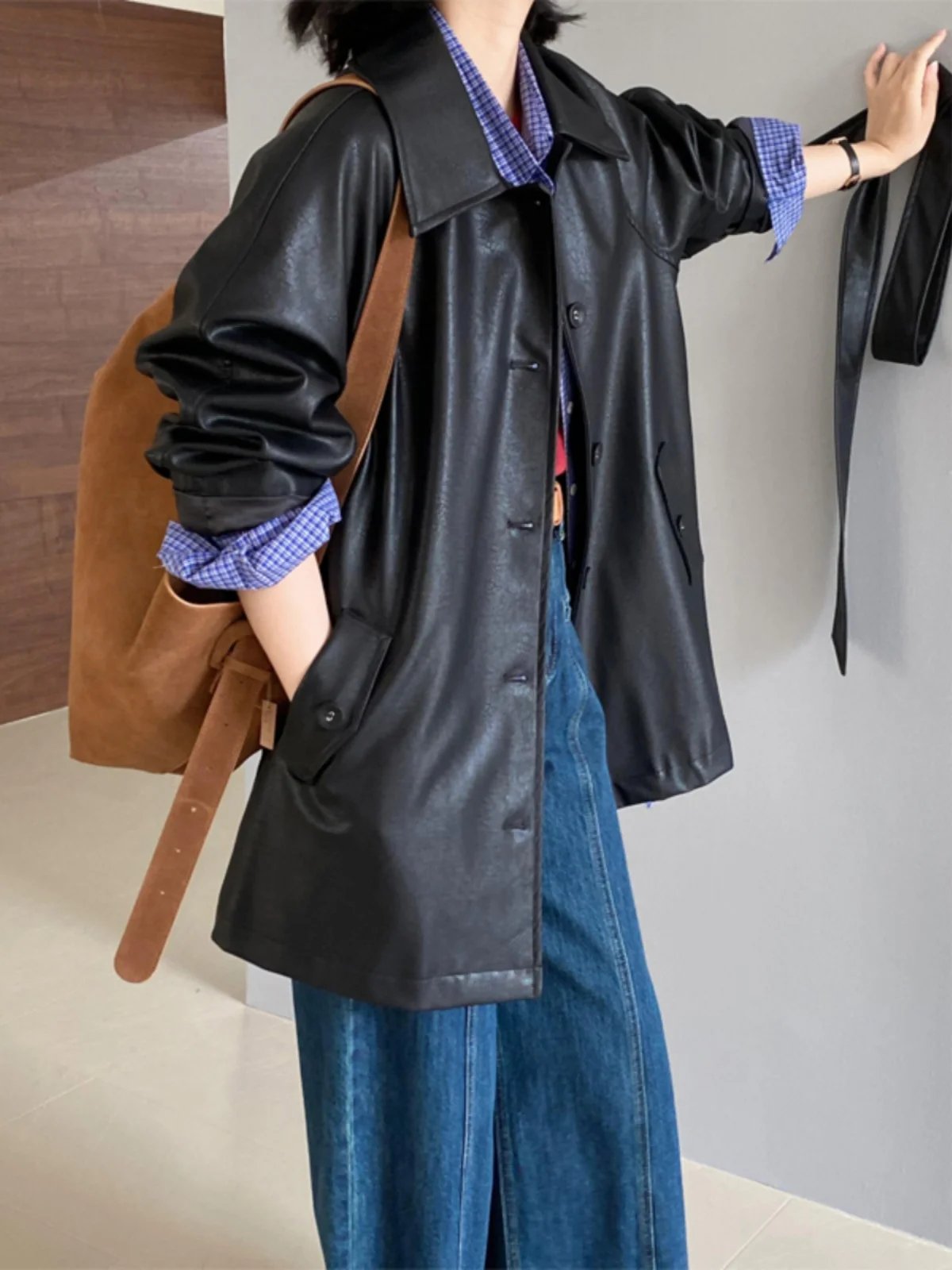 

Black Leather Jacket Women's Short Style American Trendy Spring Autumn New Coat Korean Loose Fit E12407