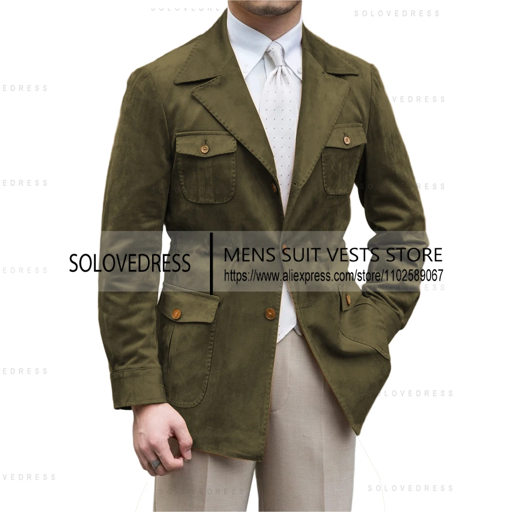 Suede Jacket Single Breasted Lapel Neck Slim Fit Linen Men's Suits Jacket Blazer With Real Pocket（Just One Jacket）