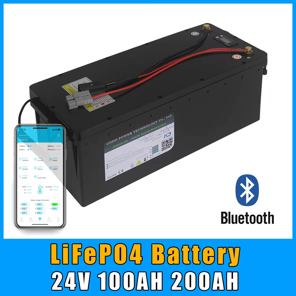 24V 100AH 200AH LiFePO4 Battery Pack Built-in Bluetooth BMS 25.6V For Solar RV Caravan Storage Boat Yacht Golf Cart NO TAX