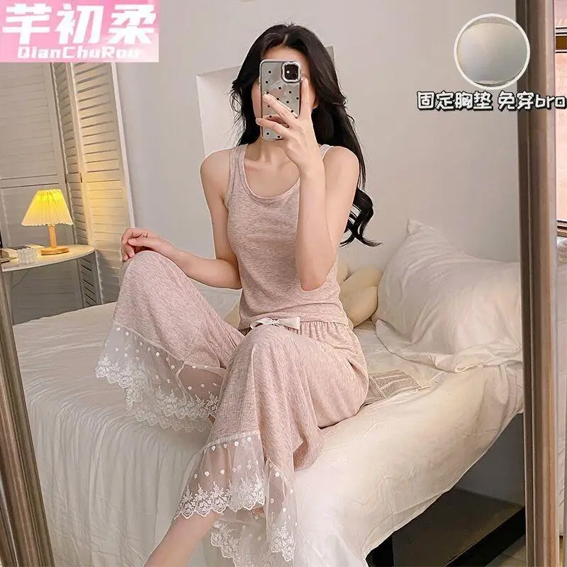 Women's Pajama Set Fashion Homewear Sleeveless Camisole Top With Built In Bra Ice Silk Ribbed Modal Homewear Cooling Slimming