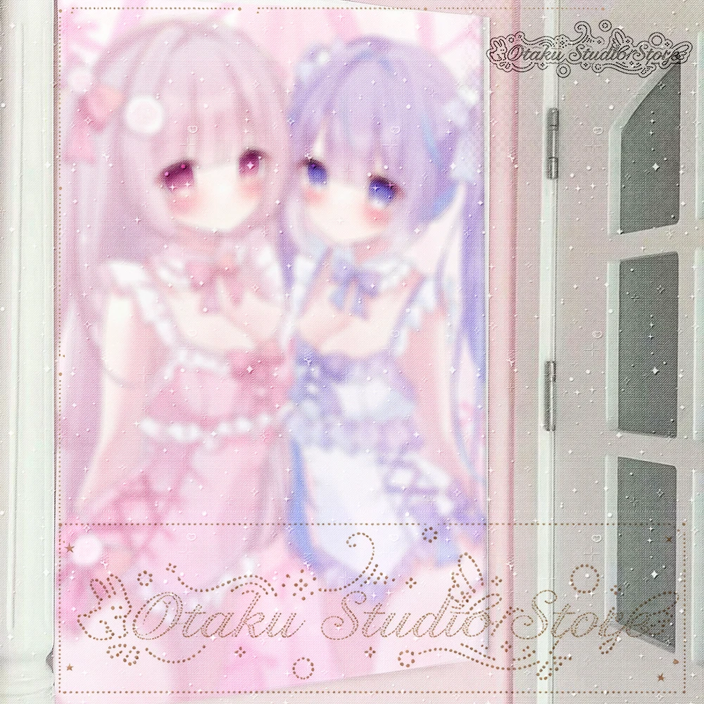 ふわふわ Fuwafuwa Twin Lolita Girls Anime Tapestry Pastel Pink Purple Lace Dress Glitter Sparkle Soft Aesthetic Bedroom Wall Hanging