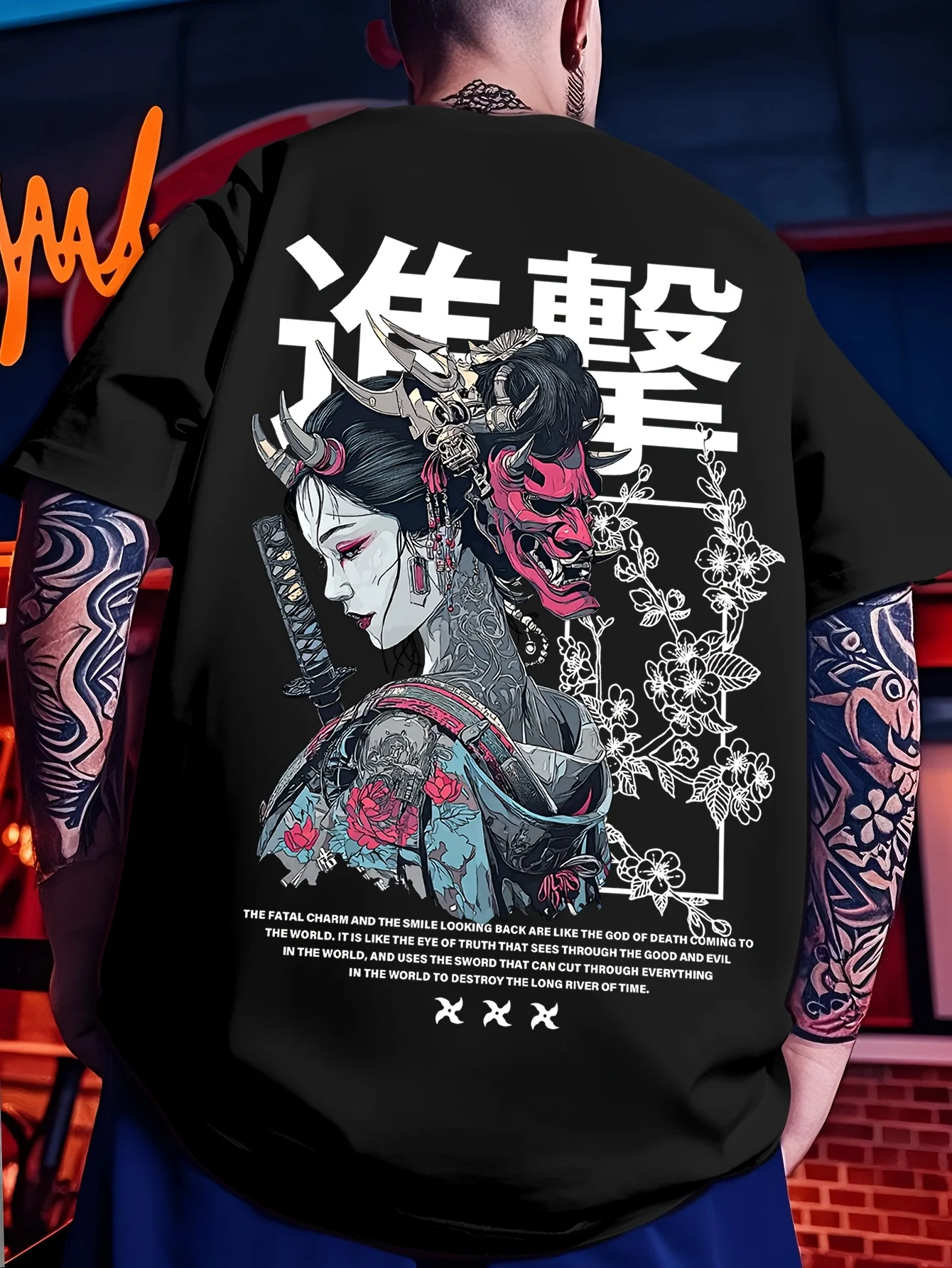 Men's Summer 100% Cotton Casual Fashion Japanese Geisha Ghost Face Samurai Pattern Printed Loose Round Neck Short Sleeve T-shirt