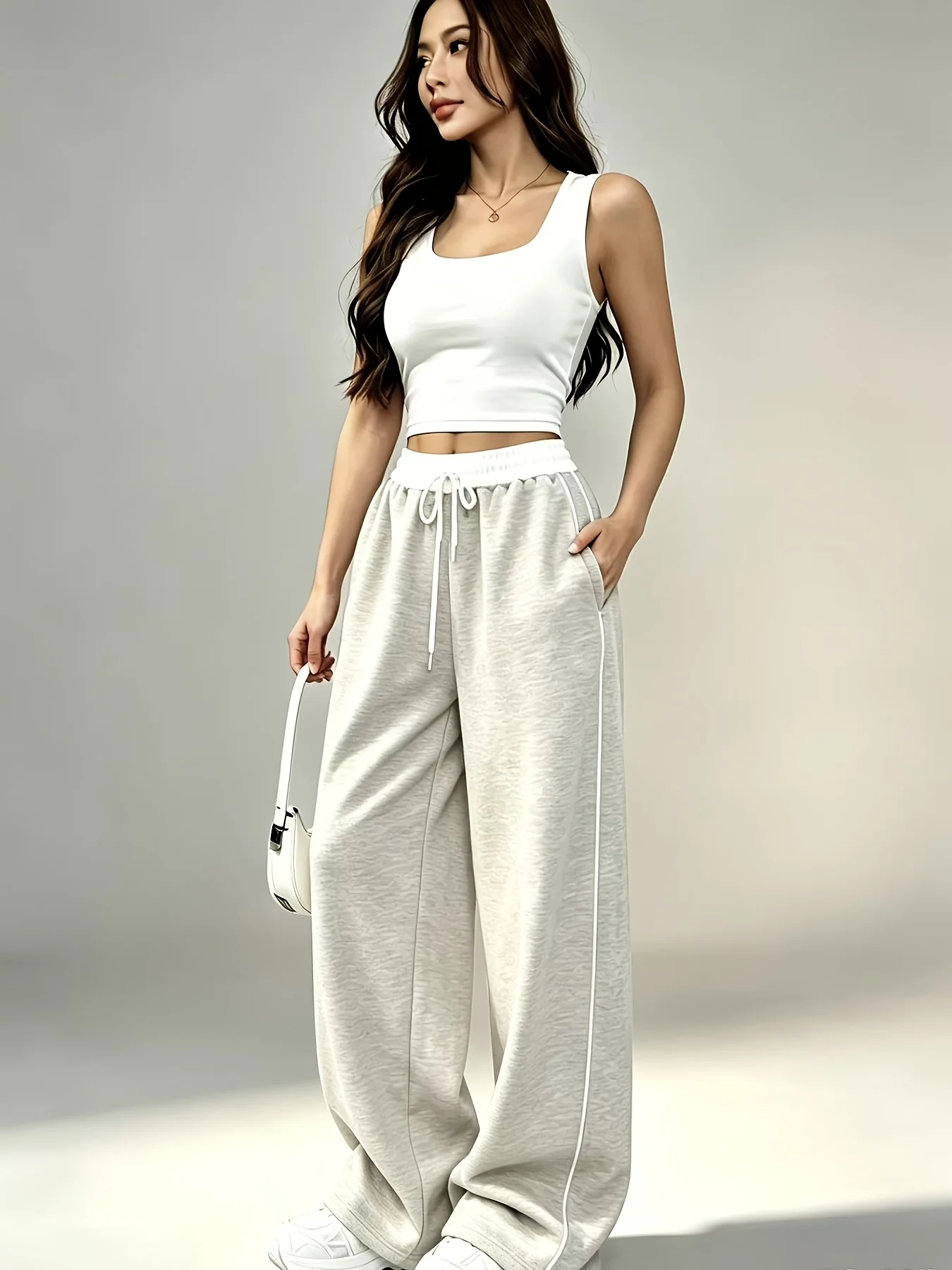 Women Drawstring High Waist Wide Leg Sweatpants, Side Contrast Striped Design, Loose Straight Leg Trousers, Soft French Terry Fa