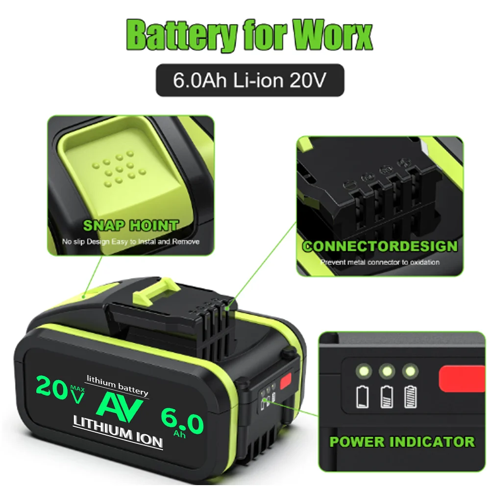 New 6000mAh Battery For Worx WA3553 20V 21V Cordless Power Tool Battery WA3572 WA3553 WX390 WA3551 WX176 WX178 Spare Batteriies