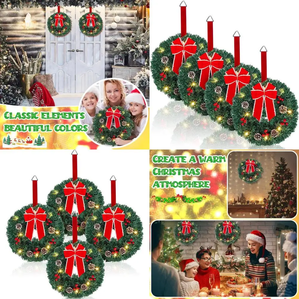 

12-светодиодный рождественский венок с красным бантом и украшениями, искусственный декор для дверей, окон, камина, стены