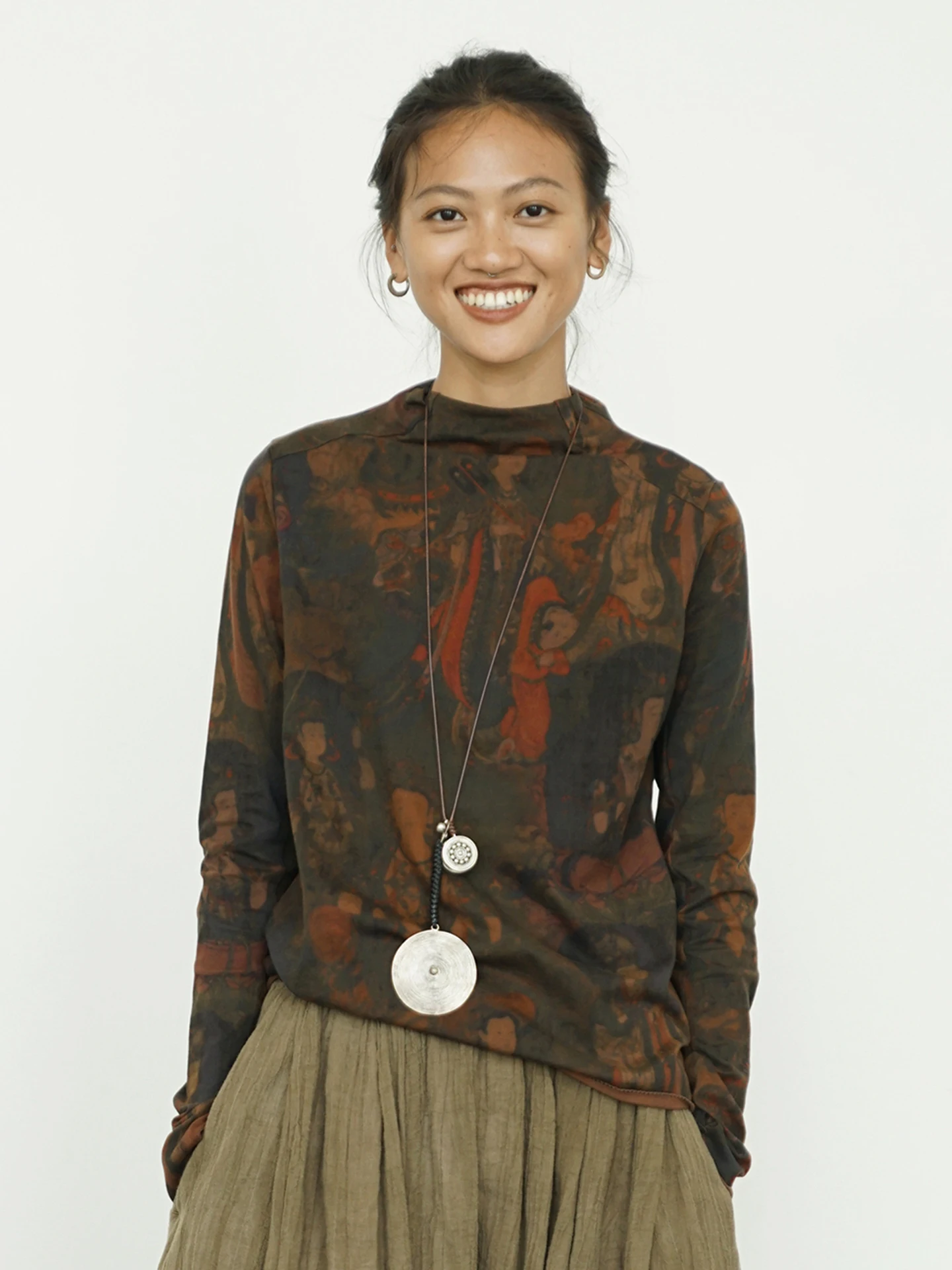 

Новая осенне-зимняя женская вязаная хлопковая футболка из чистого хлопка с этническим принтом, свободного кроя, для повседневной носки, длинная