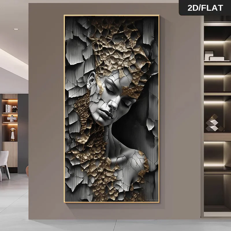 1pc frameless Canvas Painting 2D Flat Large Abstract Cracked Portrait Canvas Wall Art, Unframed Modern Female Face Fragmentation