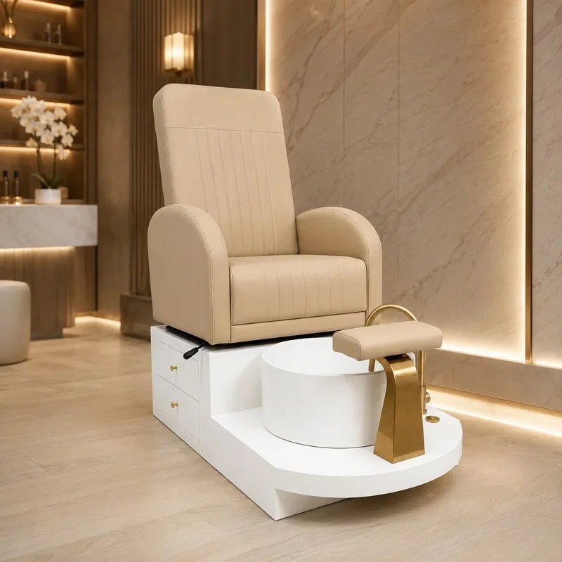 Foot Spa Chair Luxury Leather Upholstery with Side Drawers Gold Hardware for Modern Beauty Studio Equipment