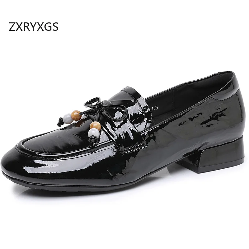 ZXRYXGS Sepatu Hak Rendah Wanita Kulit Sapi Asli Model Pita 2025 Musim Gugur Sepatu Modis dan Trendi Sepatu Kerja Kantor Sepatu Pesta