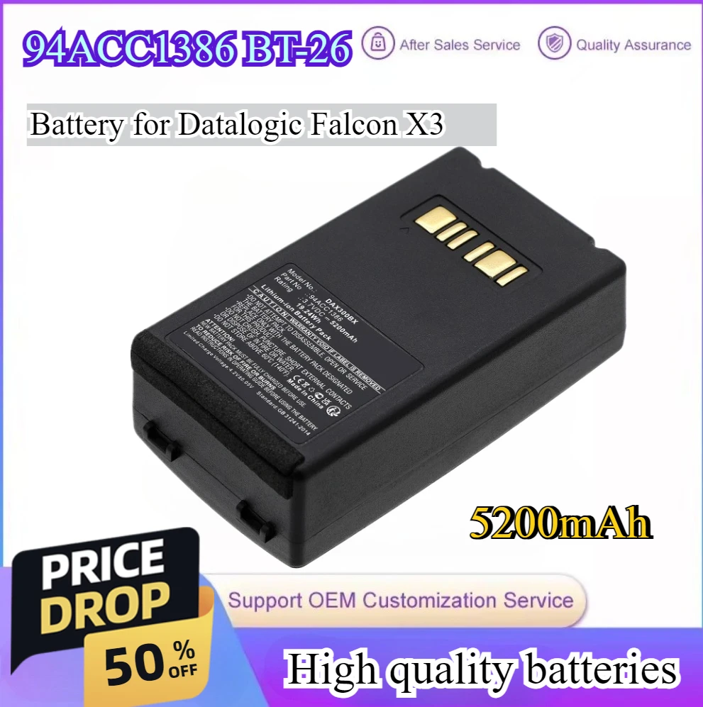 

5200mAh Replacement Battery for Datalogic Falcon X3 94ACC1386 BT-26 3.7V 19.24Wh Barcode Scanner Battery