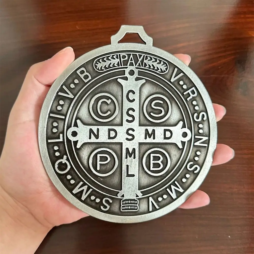 Extra Large Saint Benito Medal Zinc Alloy 5 Inch Saint Benedict Round Prize Home Decor Pendant Vintage Brass