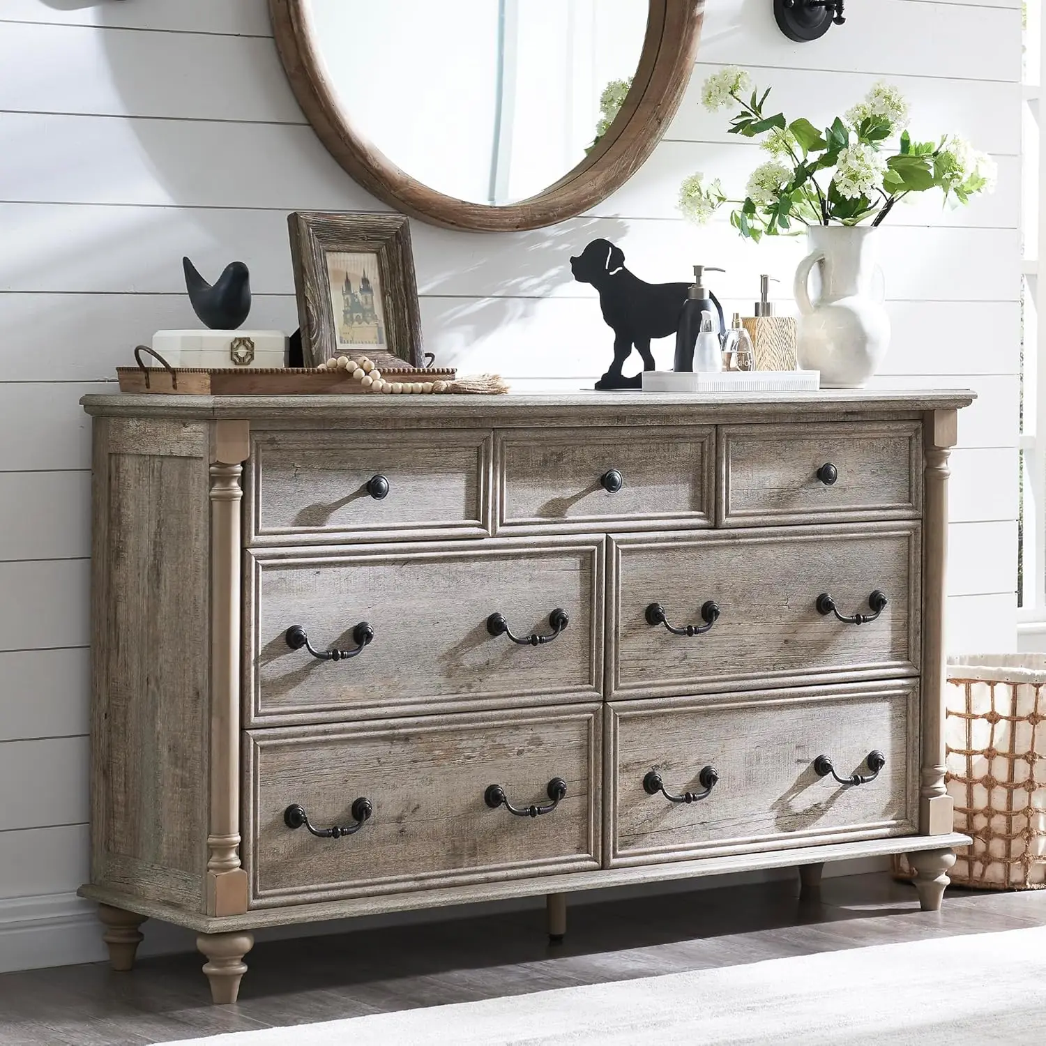 Farmhouse 7 Drawers Dresser Chests For Bedroom W/ 4 Solid Wood Feet & Column Decor Tall Wide Wood Country Light Rustic Oak