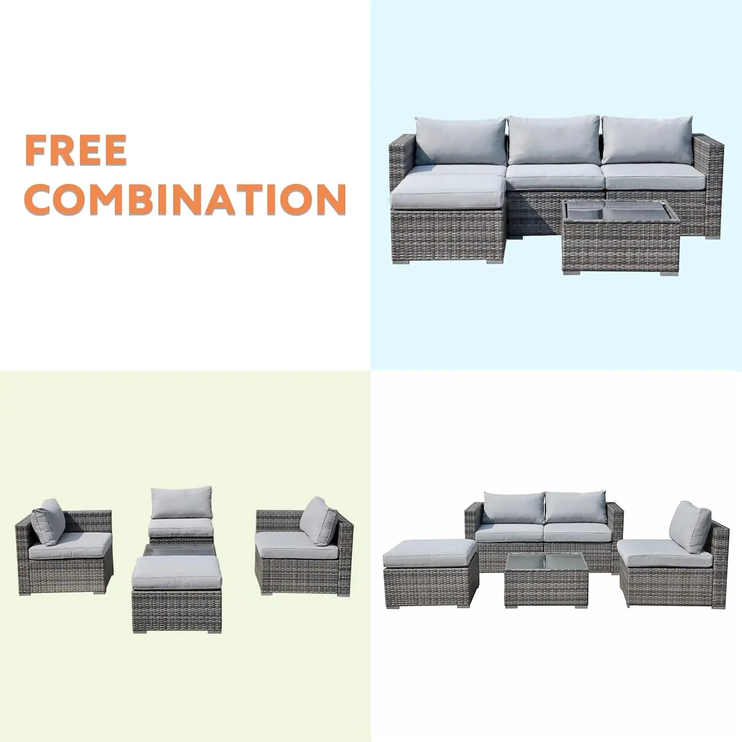 Outdoor Patio Móveis Set, PE Wicker Rattan, ao ar livre secional, Conversa Set com Almofadas e Mesa, Steel Frame, 5 pcs