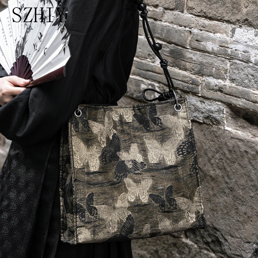 

Retro One Shoulder Bag Women Tote Designer Large Pocket Butterfly Print Chinese Style Qipao Tang Suit Square Bag Luxury Handbag