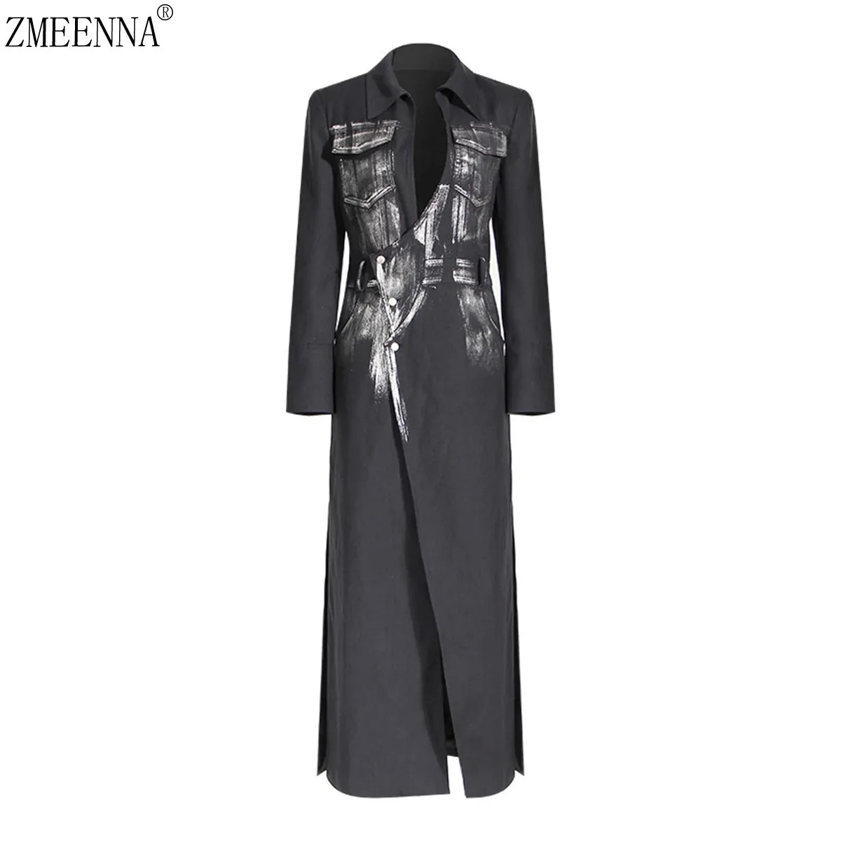 

ZMEENNA Turn Down Collar Long Sleeve Single Breasted Vintage Printing Windbreaker Coats For Women 2024 Autumn Female Tops TH4325