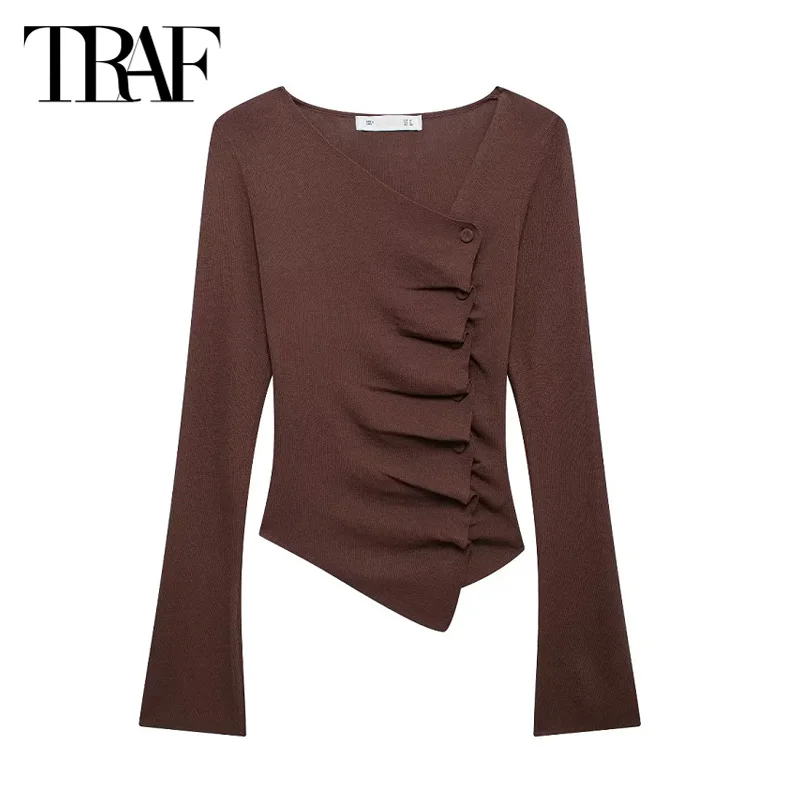 TRAF Asymmetrical Pleated Sweater Top 2024 Autumn Women\'s Long Sleeve Knitted Top Ladies Fashion Elegant Blue Brown Knitwear