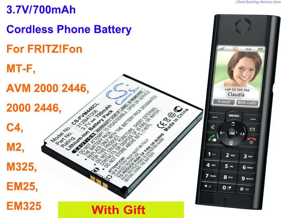 Cameron Sino 700mAh Cordless Phone Battery 312BAT006 for FRITZ!Fon MT-F, C4, M2, EM325, M325, EM25, AVM 2000 2446