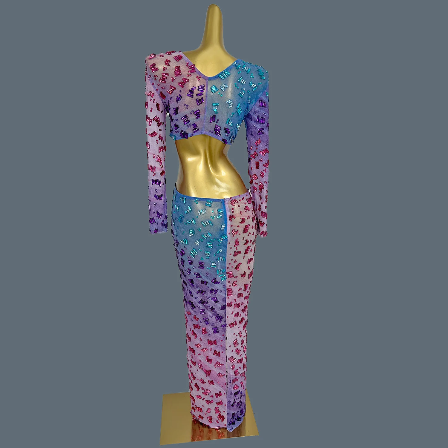 Sparkly Rhinestones Deep V Neck Long Dress Women Sexy Sheer Mesh Party Celebrate Birthday Evening Gown Photo Shoot Wear Haichao