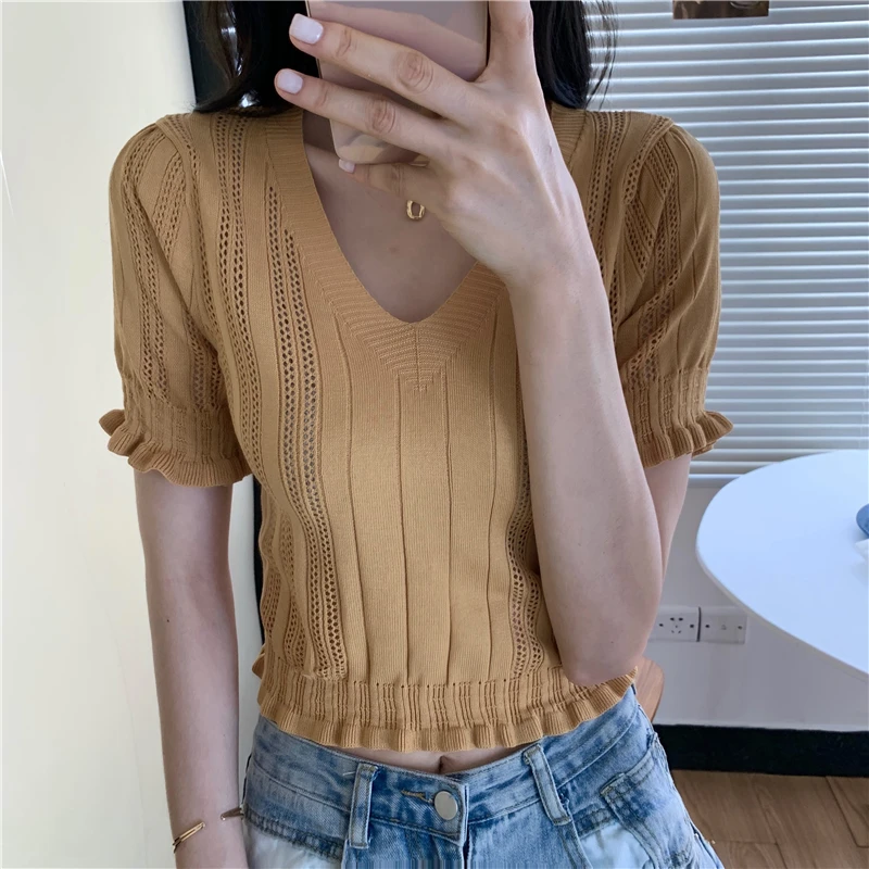 Haut court en tricot à froufrous pour femmes, pulls à col en V à manches courtes, tenue esthétique pour adolescentes, Y-été, Y2K